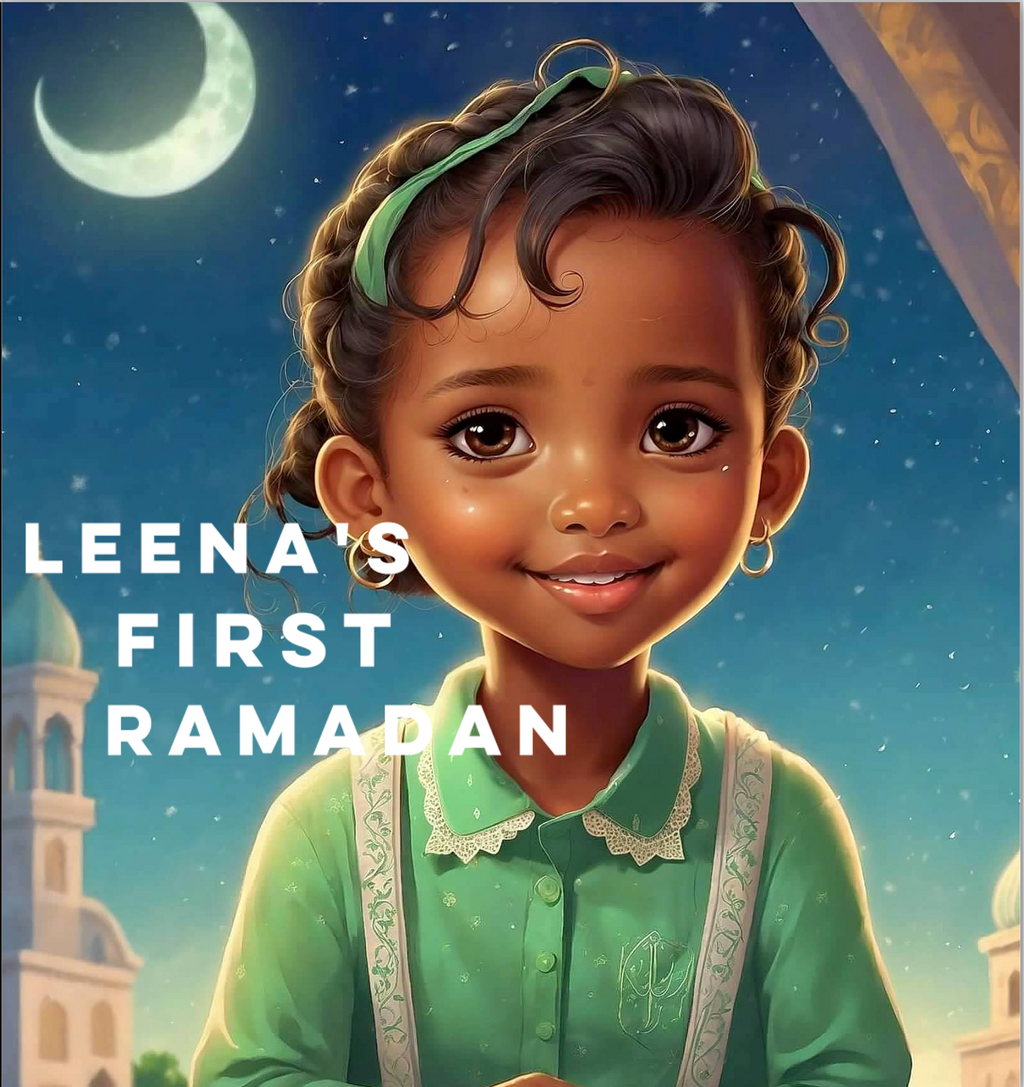 Illustration of a young girl with 'Leena's First Ramadan' text against a night sky with crescent moon and mosque.