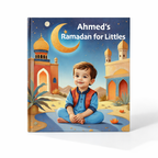 Book titled 'Ahmed's Ramadan for Littles' with a child sitting on a rug in front of a mosque and crescent moon.