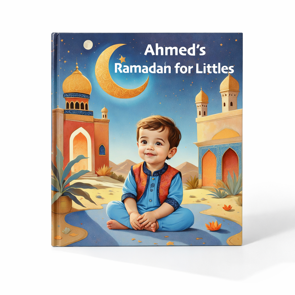 Book titled 'Ahmed's Ramadan for Littles' with a child sitting on a rug in front of a mosque and crescent moon.