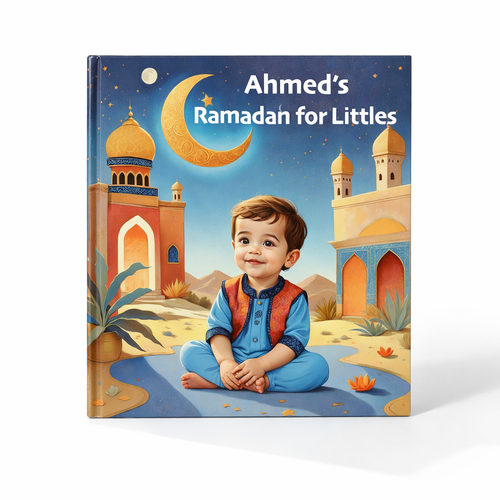 Book titled 'Ahmed's Ramadan for Littles' with a child sitting on a rug in front of a mosque and crescent moon.