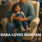 Father holding a child in a cozy room with 'Baba Loves Maryam' text.