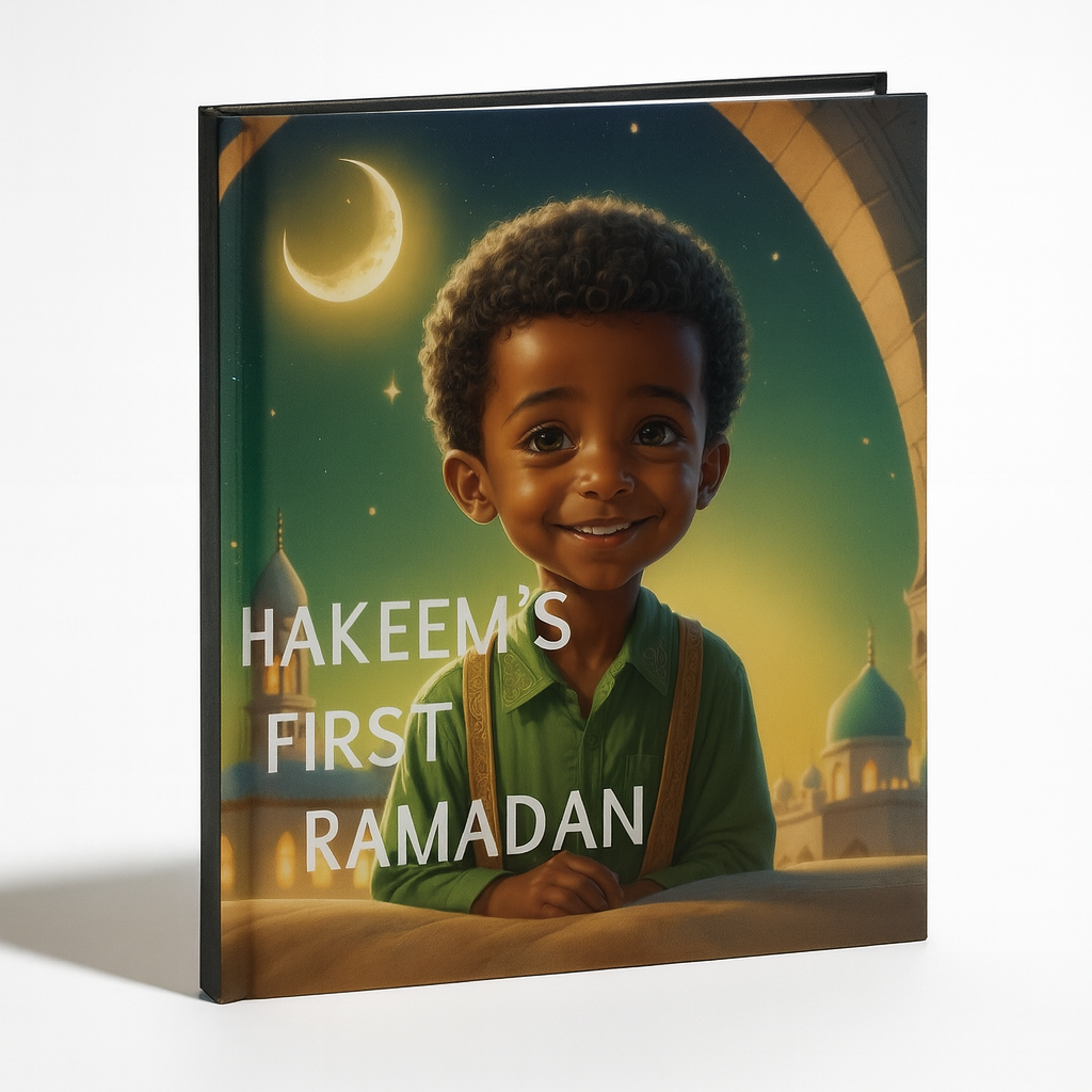 Book cover featuring a child with 'Hakeem's First Ramadan' text against a mosque and moon background.
