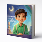 Book titled 'Raahim's First Ramadan' with a child character on the cover against a night sky with moon and crescent.