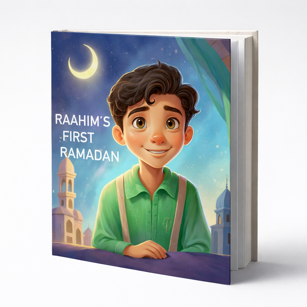 Book titled 'Raahim's First Ramadan' with a child character on the cover against a night sky with moon and crescent.
