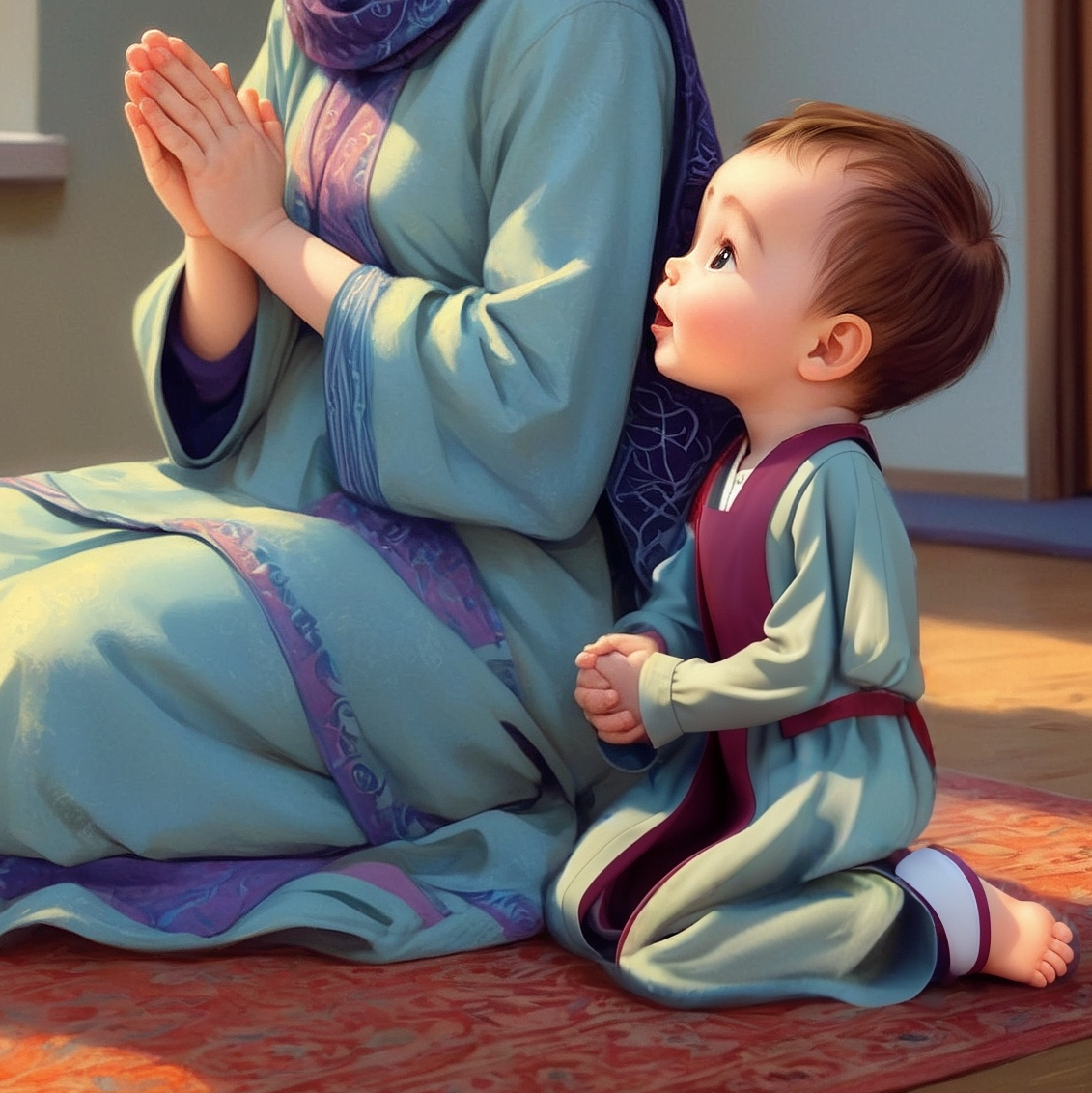 Woman and child in traditional attire sitting on a rug.